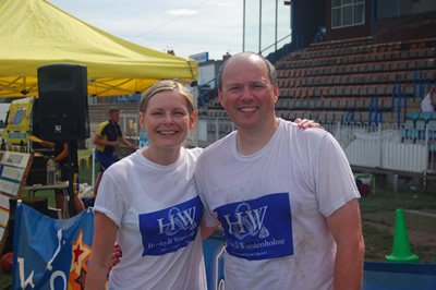 Victoria Maude and Paul Haslam wearing Hartley and Worstenholme t shirts for It's a Knockout charity event.